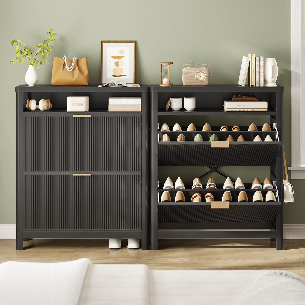 AOGLLATI Shoe Cabinet Storage,Narrow Fluted Shoe Rack Cabinet with 2 Flip Drawers, Wooden Freestanding Organizer with Open Storage Space for Entryway,Black AOGLLATI