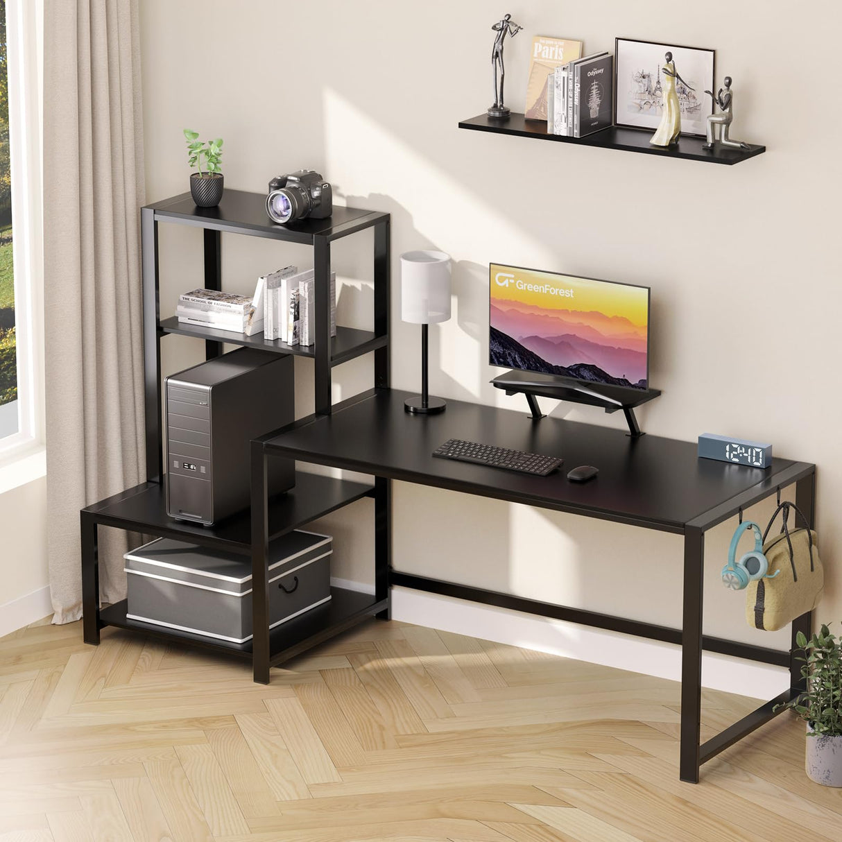 GreenForest Computer Desk 67 inch with Storage Printer Shelf, Reversible Gaming Home Office Desk Large Study Writing Table with Movable Monitor Stand and 2 Headphone Hooks for PC Working, Black GreenForest