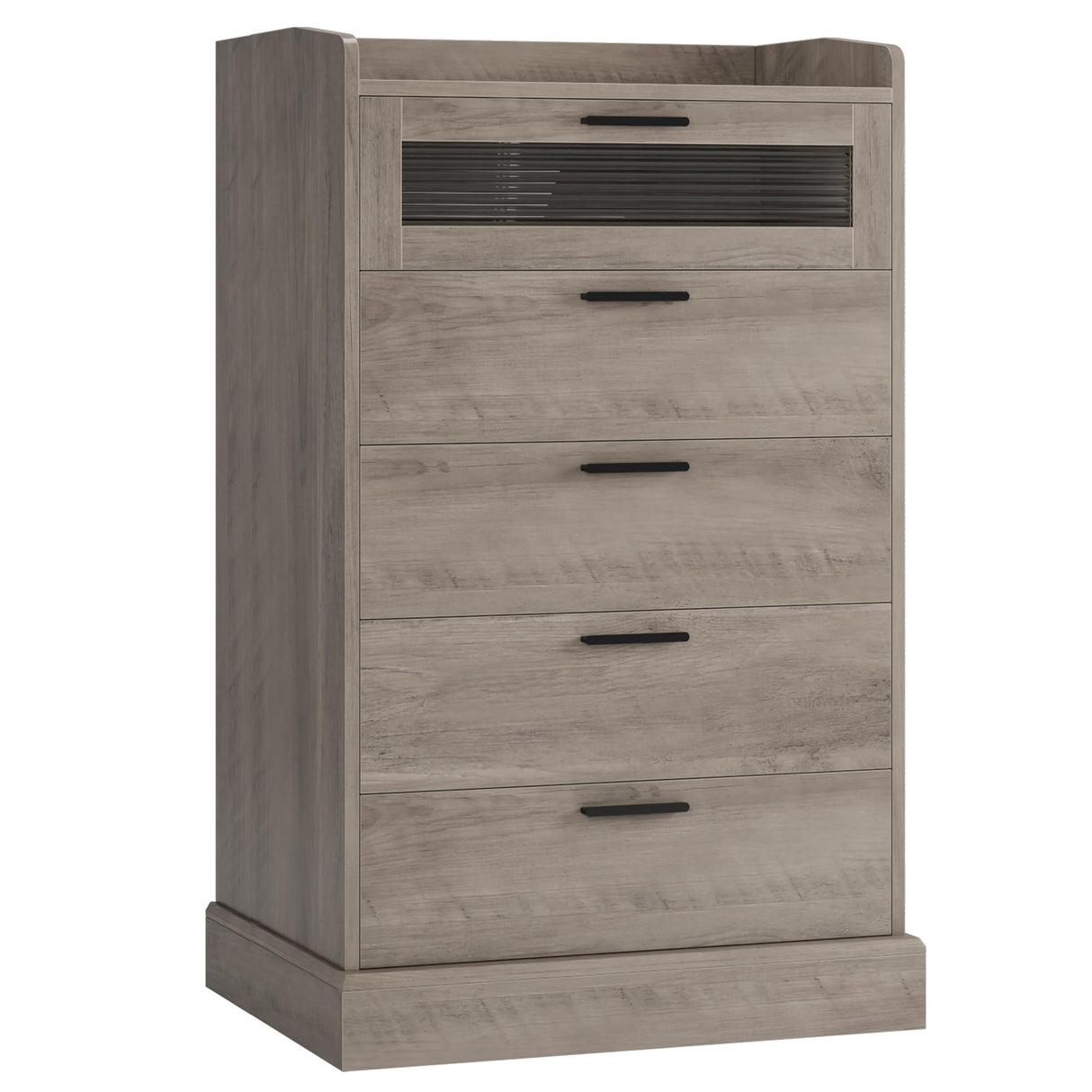 HOSTACK Modern 5 Drawer Dresser, Tall Dresser Chest of Drawers with Metal Handles, Wood Dressers Storage Cabinet with Anti-Drop Fence & Fluted Glass for Living Room, Entryway, Ash Gray HOSTACK