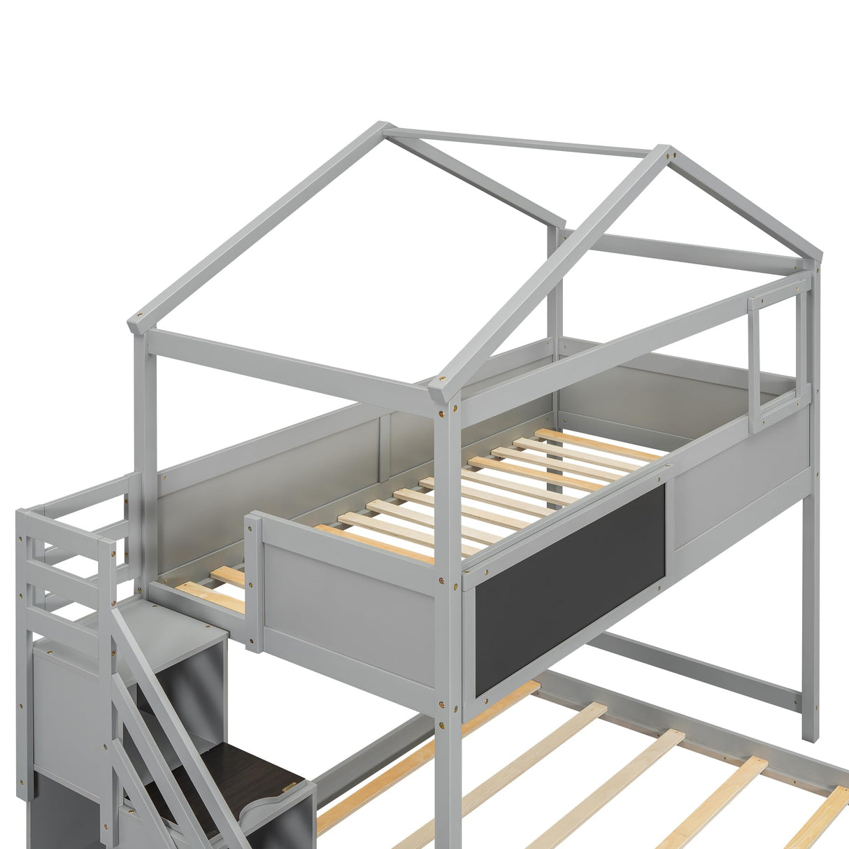 Harper & Bright Designs House Bunk Bed with Stairs,Twin Over Full Bunk Beds with Blackboard,Wood Kids Floor Bunk Bed Frame with Storage Shelves,Space-Saving Design, Gray Harper & Bright Designs