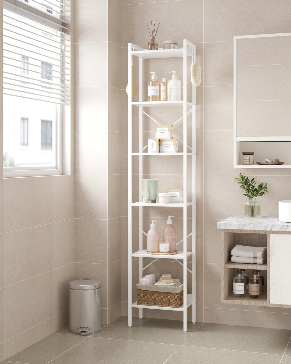 Hzuaneri Bookshelf, Book Shelf, Industrial Bookcase with 2 Hooks, Coner Shelf Storage Organizer for Home Office, Living Room, Bedroom, Kitchen, 6-Tier White BC10713W Hzuaneri