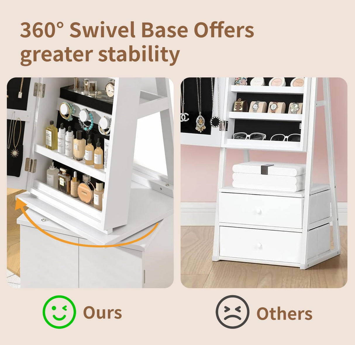 VECELO Jewelry Cabinet Standing Full Length Mirror with Interior LED Lights, 360° Swivel Lockable Jewelry Armoire with Bottom Cabinet Back Storage Shelf and Four Wheels, White VECELO