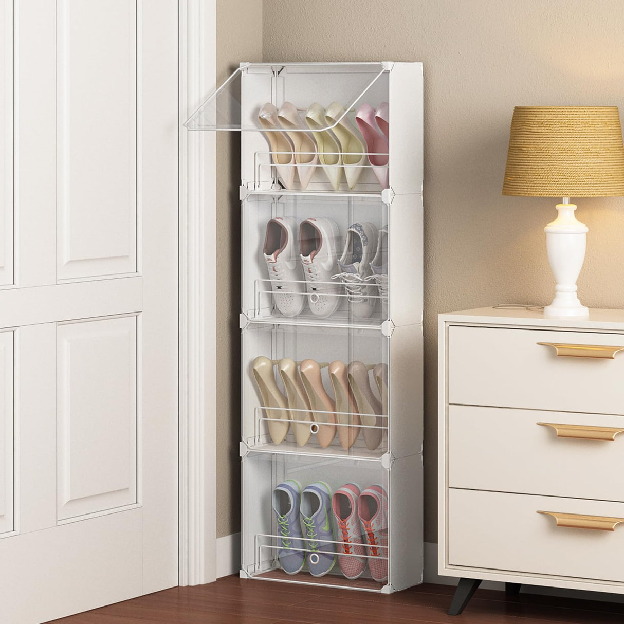 MAGINELS 4-Tier Slim Shoe Rack Organizer and Tall Storage for Closet,Hidden Thin Shoes Cabinet for Small Spaces,Narrow Shelves for Wall Behind Door,Entryway,White MAGINELS