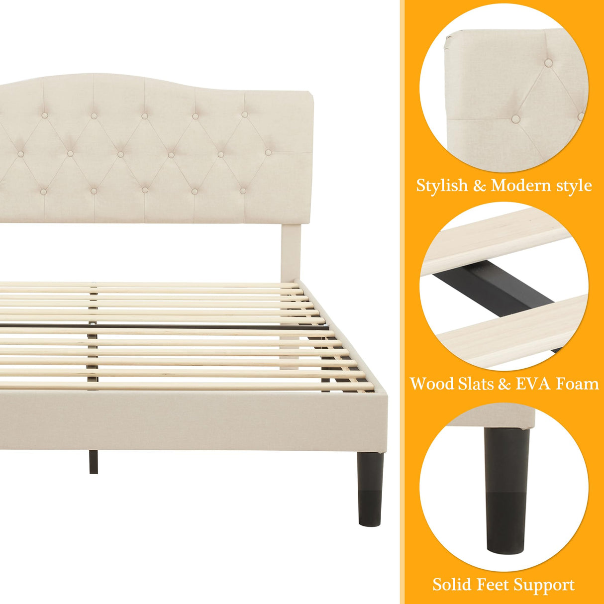 VECELO Queen Size Platform Bed Frame with Fabric Upholstered Headboard and Wooden Slats Support, No Box Spring Needed/Easy Assembly,Beige VECELO