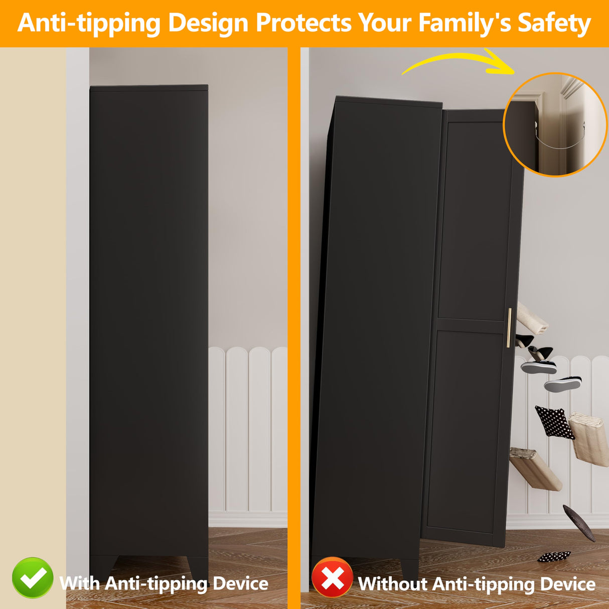 71" H Metal Armoire Wardrobe Closet, Adjustable Shelve, Clothes Drying Pole, Steel Wardrobe Cabinet for Bedroom (Black) Ckzbx