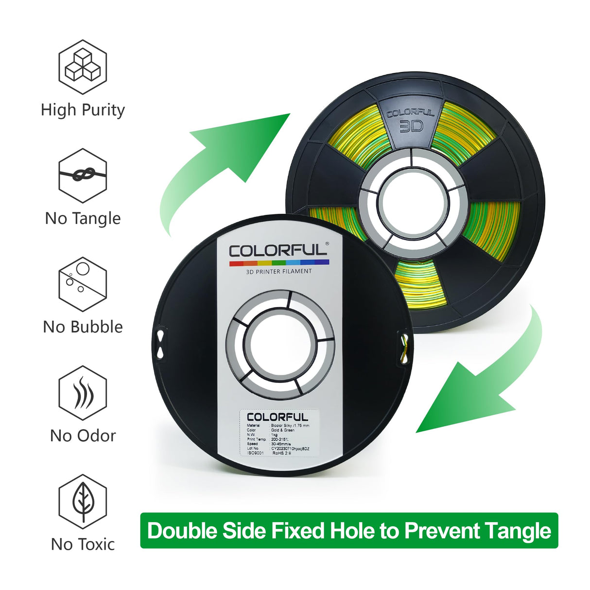 COLORFUL Silk PLA Filament 1.75mm 3D Printer Filament, Dual Color Filament, Shiny Filament 1kg Spool(2.2lbs), Silk 3D Printing Filament, Gold Green colorful