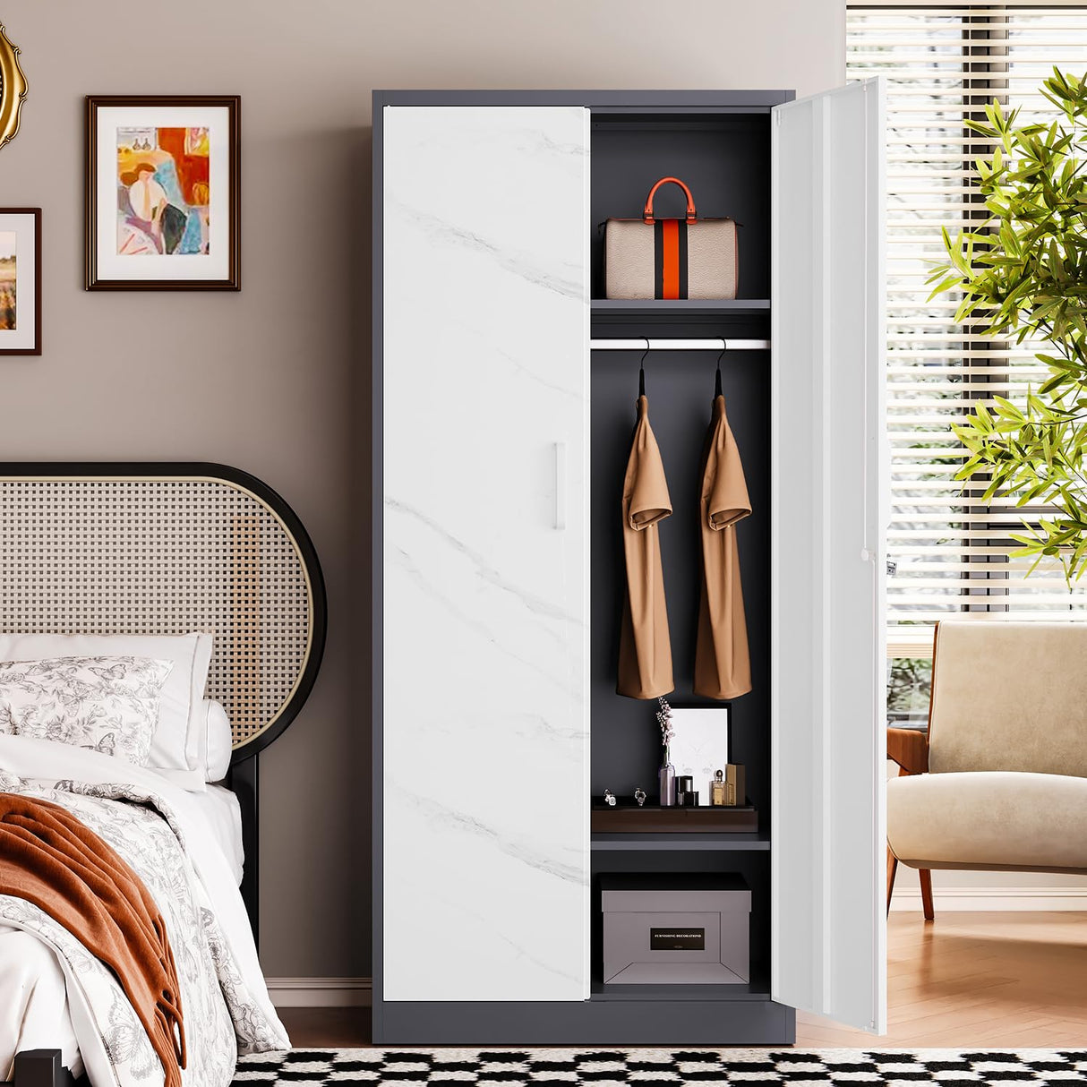 Letaya Wardrobe Closet, 72" H Clothing Storage Cabinet with Adjustable Shelves and Hanging Rod, Bedroom Armoire Clothes Organizer (White Gray) Letaya