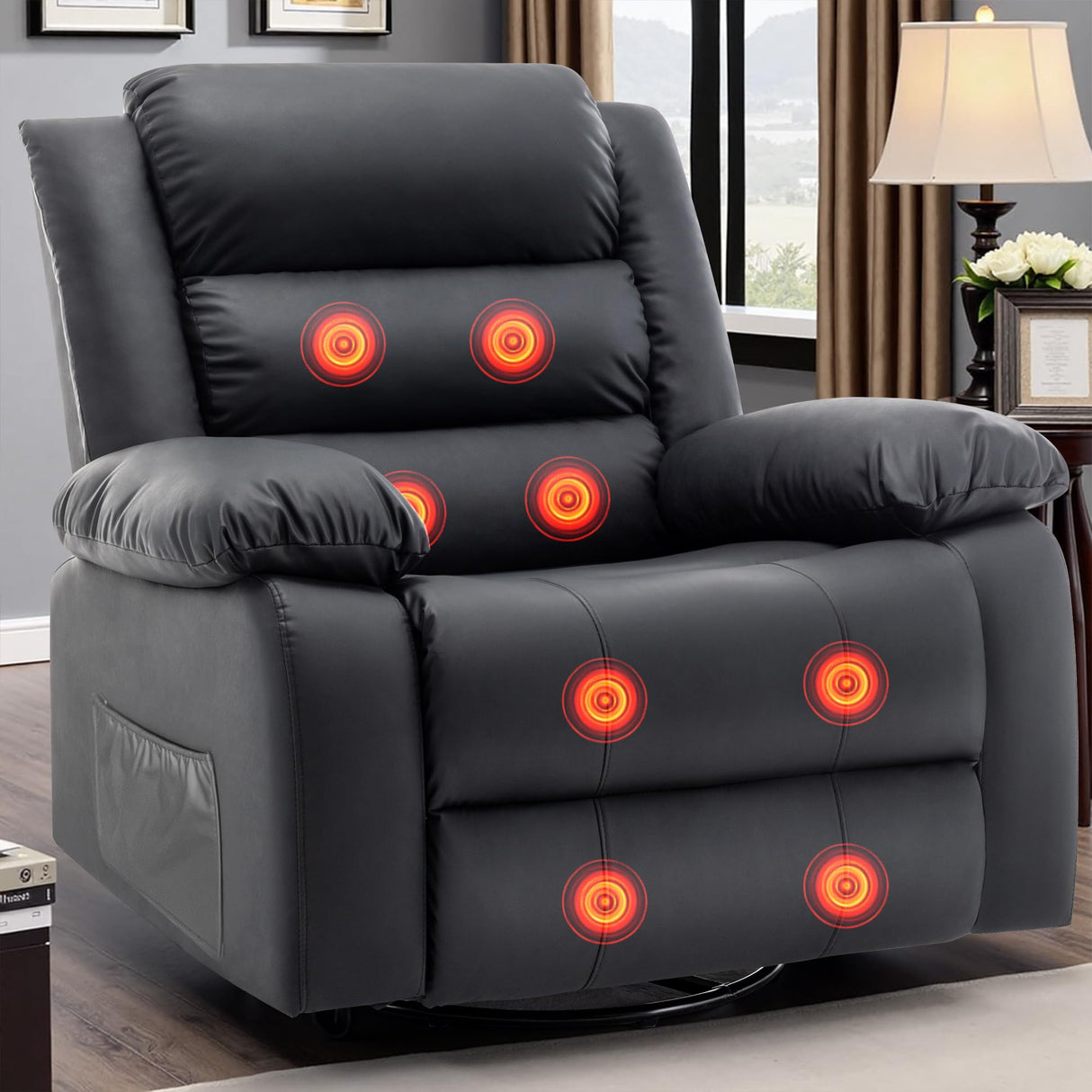 Recliner Chair, Wide Rocker Chair, Pet-Friendly Design, Large Rocking Chair with Massage and Heat,360°Swivel Nursery Rocking Chair, Oversized Recliner for Adults, Black Reclining Sofa for Living Room Korser
