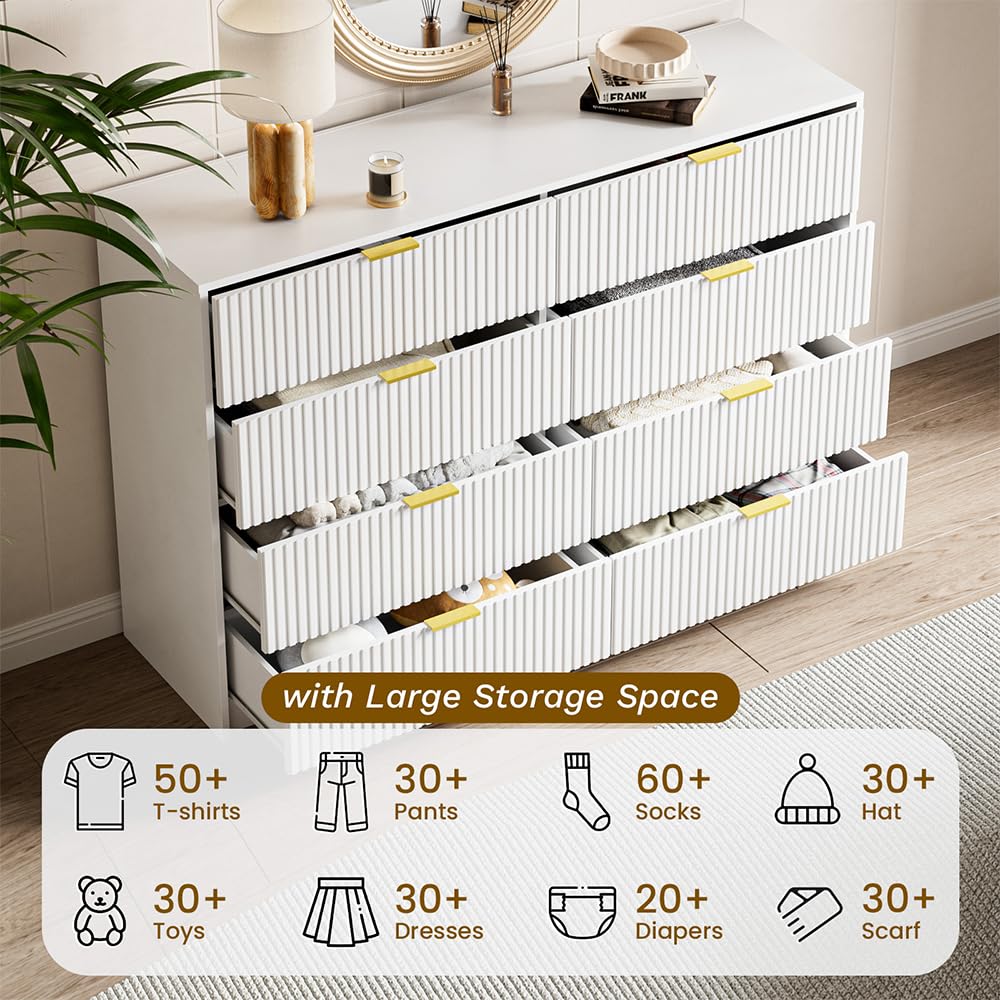 MAISONARIA White Dresser for Bedroom, 8 Drawer Double Dresser, Modern Chest of Drawers for Bedroom, Living Room, Entryway and Closet, 55" L x 15.7" D x 37.4" H MAISONARIA
