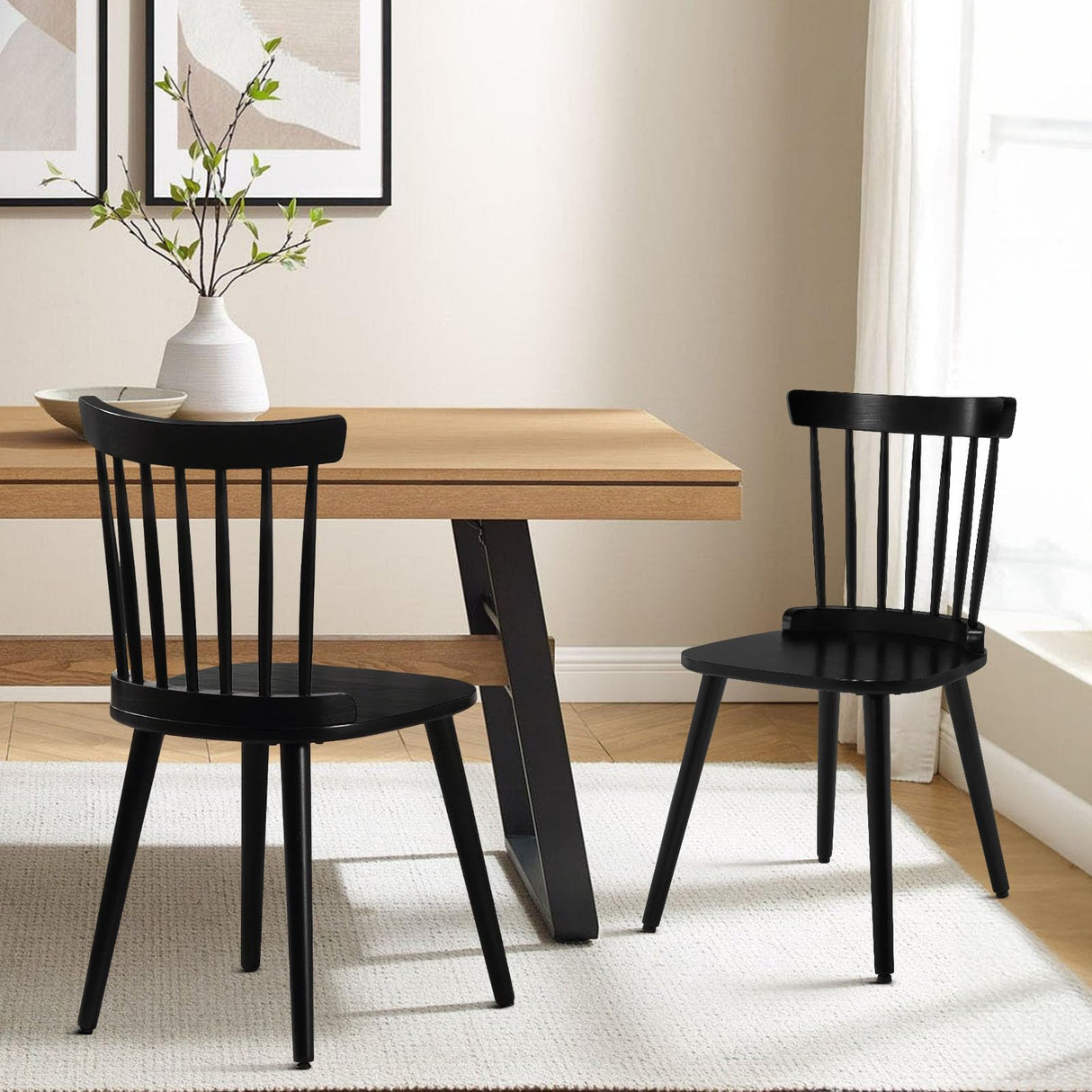 Bekrvio Windsor Chairs Set of 2, Black Farmhouse Spindle Back Dining Chairs with Wood Legs, Solid Wooden Armless Dining Room Chair for Kitchen Room, Living Room, Modern Mid-Century Country Style Bekrvio
