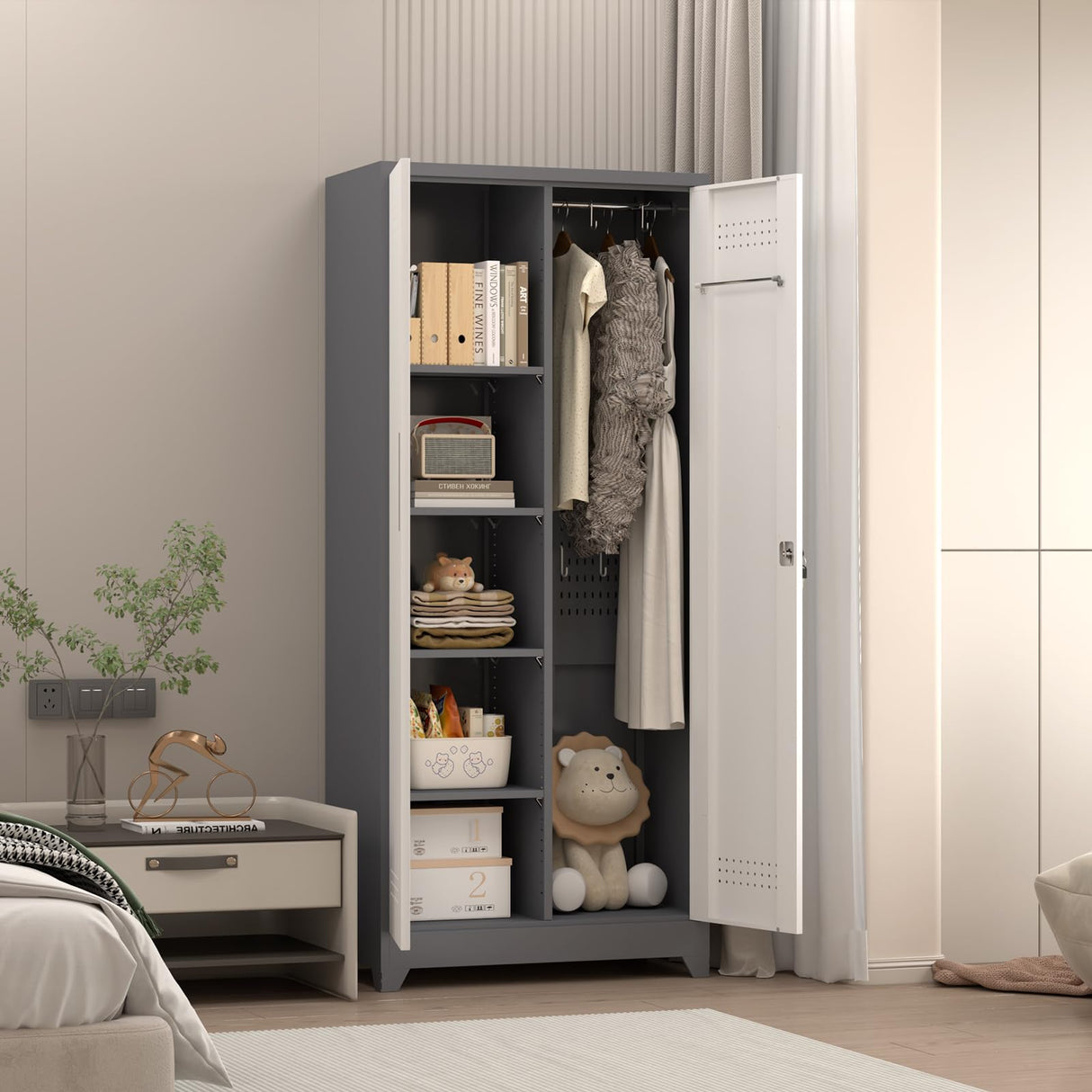 LUCYPAL Broom Closet Storage Cabinet with Locking Doors,65" H Metal Storage Cabinet with Shelves and Hanging Rod,Cleaning Tool Cabinet for Bathroom,Kitchen White&Grey LUCYPAL