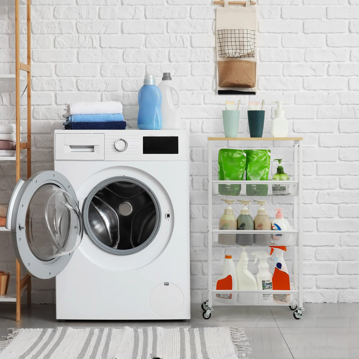 MOOACE Slim Storage Cart, 4 Tier Rolling Kitchen Shelving Unit on Wheels Mobile Narrow Cart with Wooden Tabletop for Bathroom, Laundry Narrow Places, 16.6''x 7.3''x 31.1''inch - White MOOACE