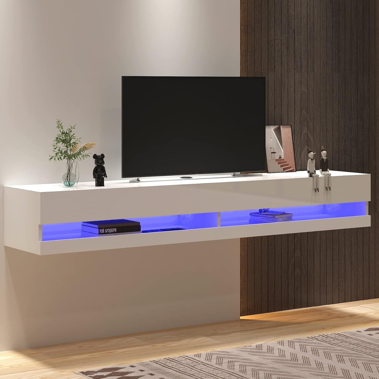 St.Mandyu Floating TV Stand for TVs Up to 85 inch,71'' Modern Entertainment Center with LED Lights and Power Outlets,Wall Mounted Media Console Hanging TV Shelf(White) St.Mandyu