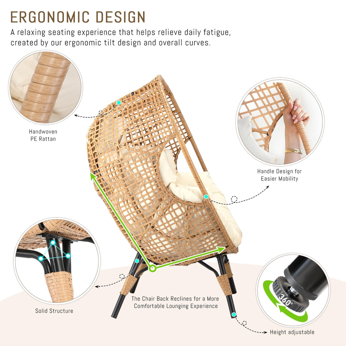 RADIATA Egg Chair with Footrest Outdoor Wicker Patio Egg Chairs with Ottoman for Indoor Bedroom Outside Porch Deck Backyard Garden (Beige) RADIATA