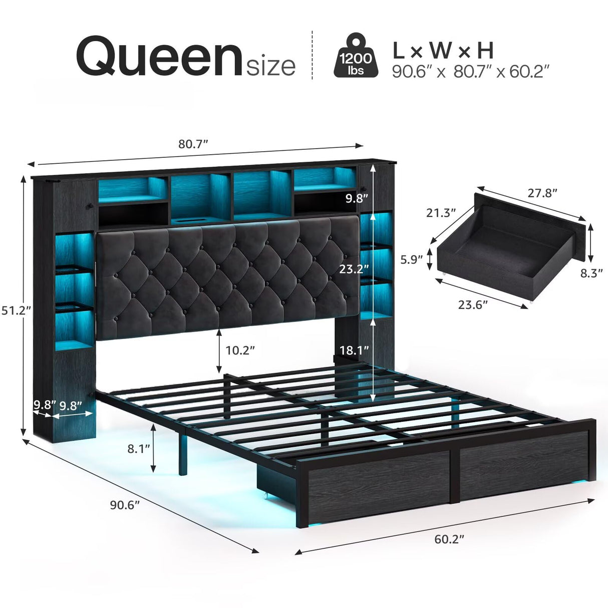 Siihnon Queen Bed Frame with Bookcase Headboard and Storage Drawers, 51.2" Metal Platform Queen Size Bed Frame with Charging Station and LED Lights, Velvet Upholstered Tufted Bed Frames, Black Siihnon