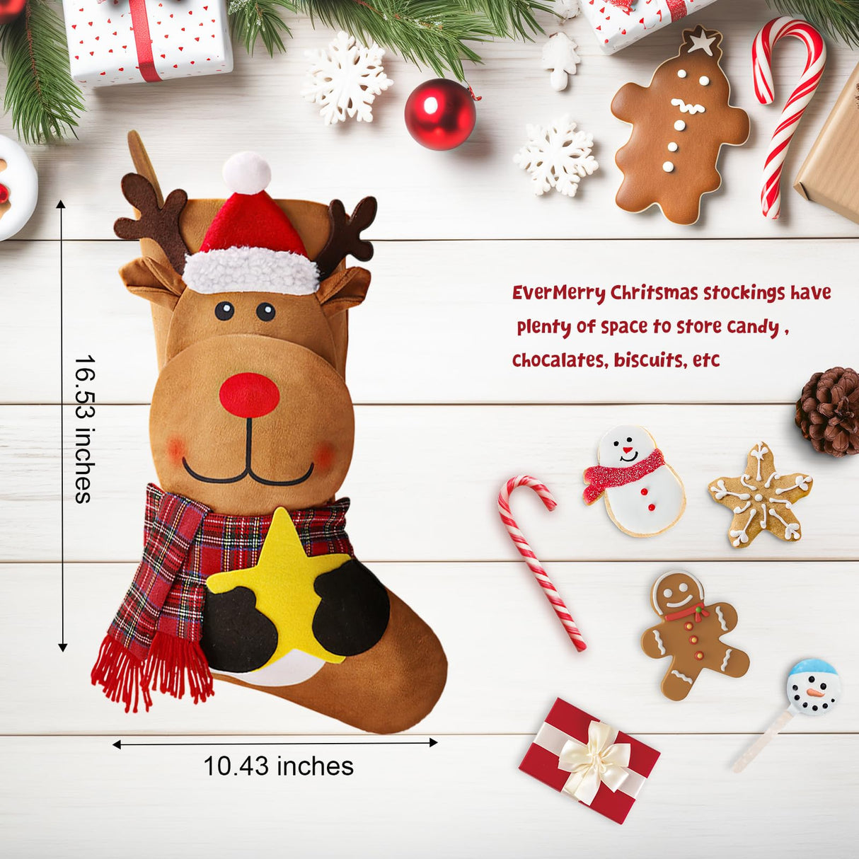 EverMerry Christmas Stockings, 3 PCS 18 Inches Classic Personalized Stockings for Fireplace Xmas Decoration, Large Santa, Snowman, Reindeer Stockings for Holiday Christmas Party EverMerry