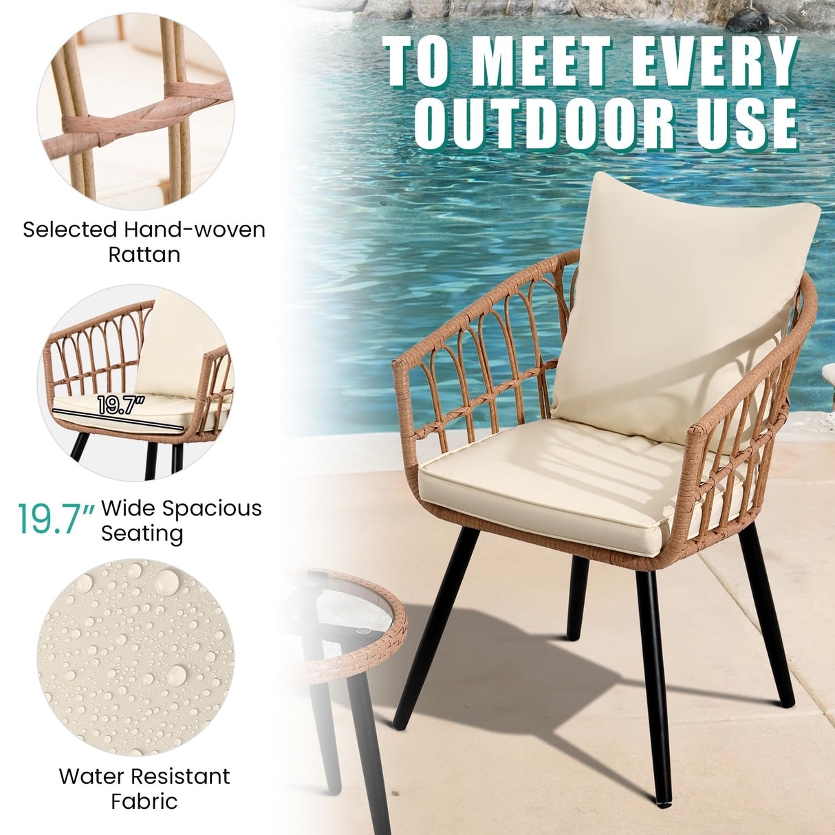 IJIALIFE 3 Pieces Patio Bistro Set, Outdoor Wicker Table and Chairs Set of 2, Rattan Balcony Furniture Set with Cushions for Front Porch Apartment Backyard Deck,Beige IJIALIFE