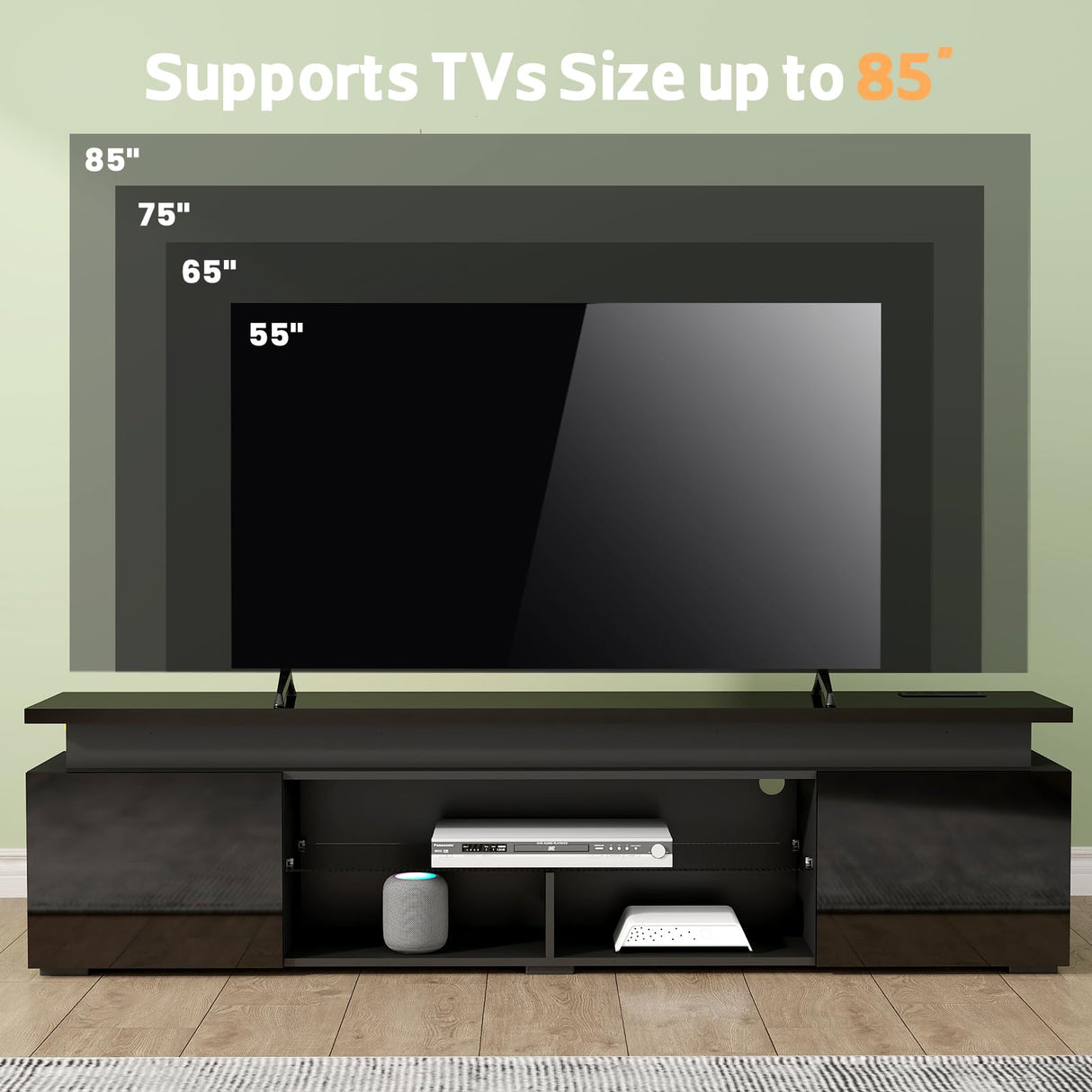 Lamtor TV-Stand with Power Outlet - TV Stand for up to 85 inch Televisions- Entertainment Center with Dynamic LED Lights & High Gloss, Modern TV Console with Storage Cabinets for Living Room, Black Lamtor