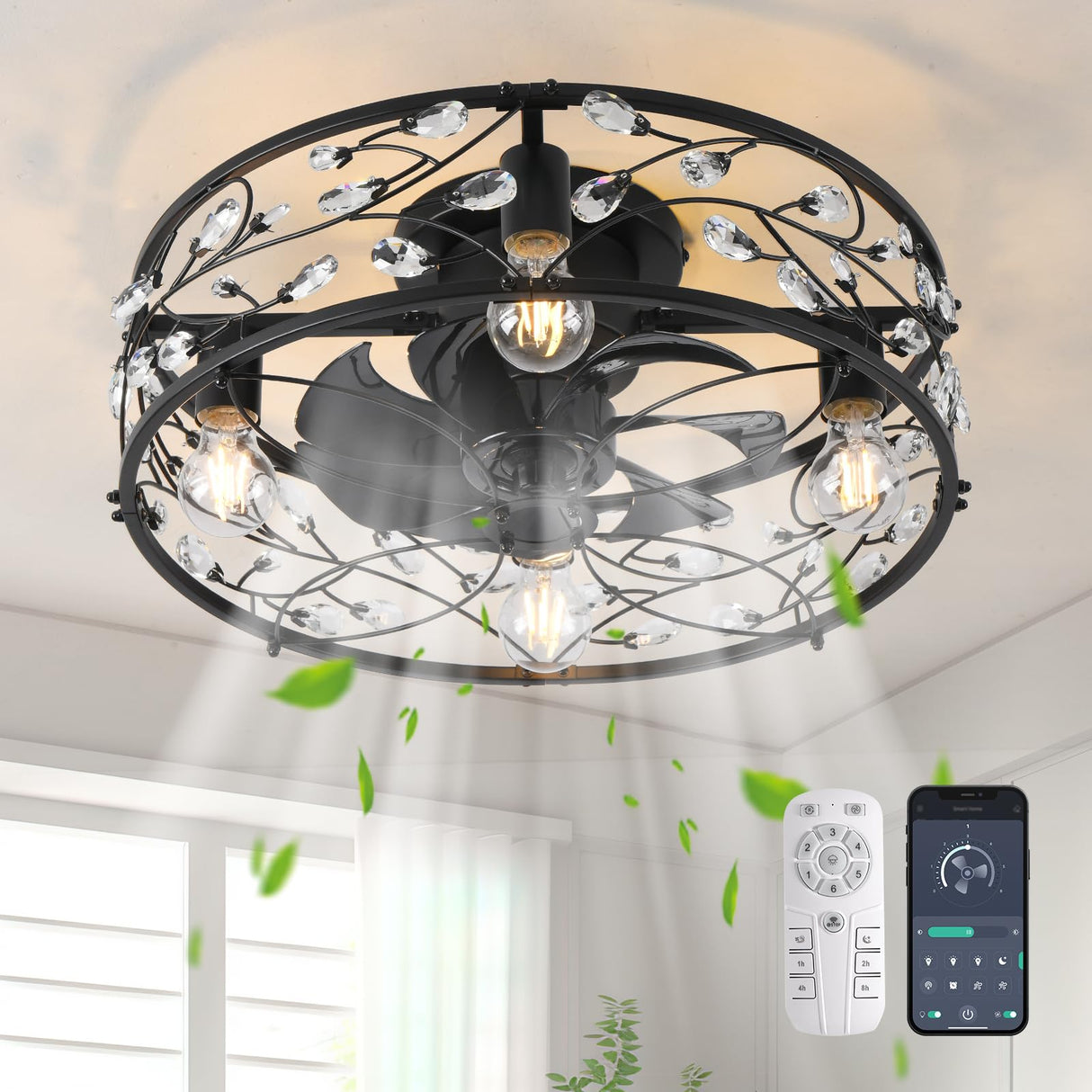 Garwarm 20in Caged Ceiling Fan with Light,Rustic Industrial Ceiling Fans with Lights and Remote,Bladeless Black Fandelier Ceiling Fan,Flush Mount Fan Lights for Kitchen,Bedroom(6 Speed,Timing) Garwarm