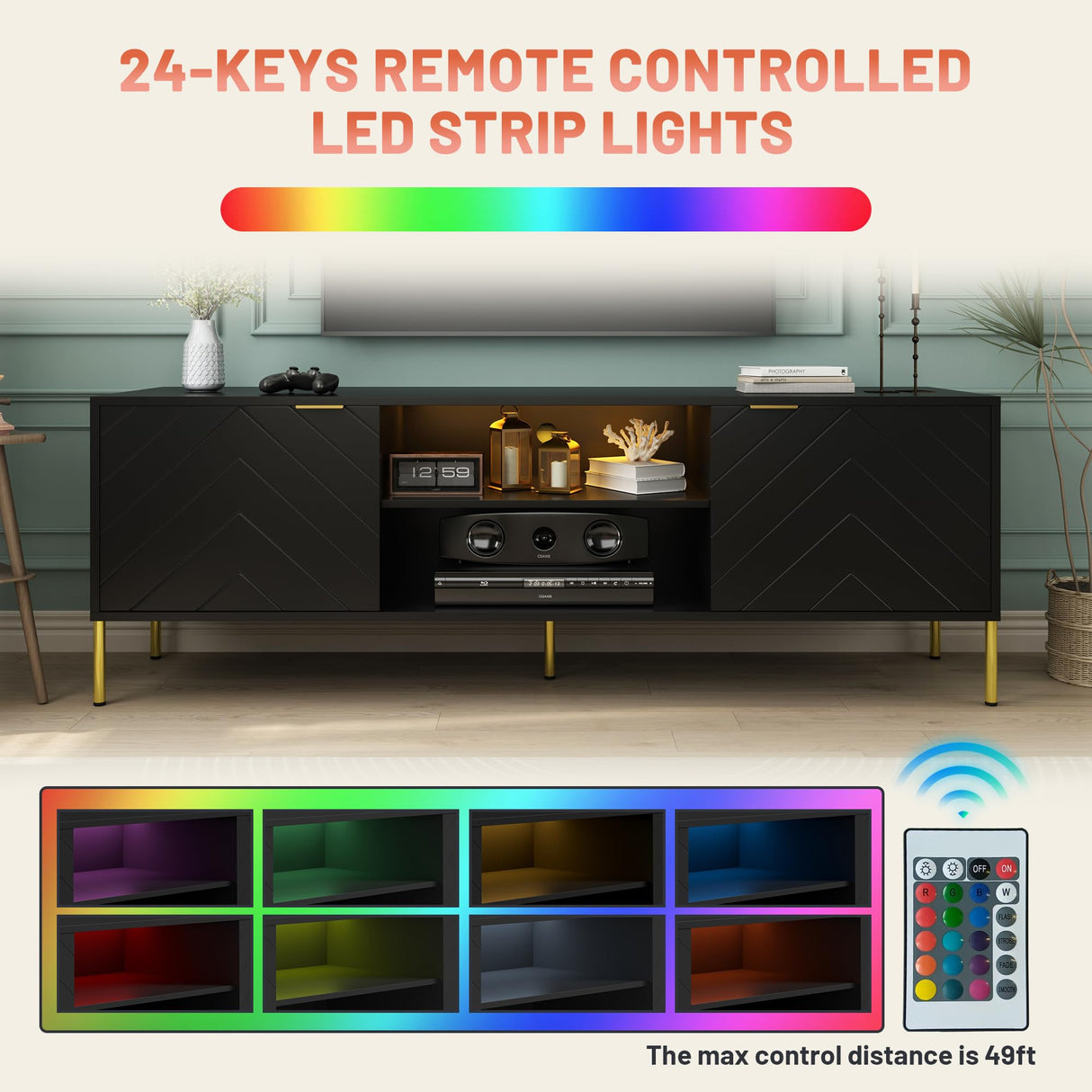 Clihome TV Stand for TVs Up to 70 inches,Modern Media Television Console Table with LED Lights, Entertainment Center with Storage Cabinets for Living Room,59Inch (Black) Clihome