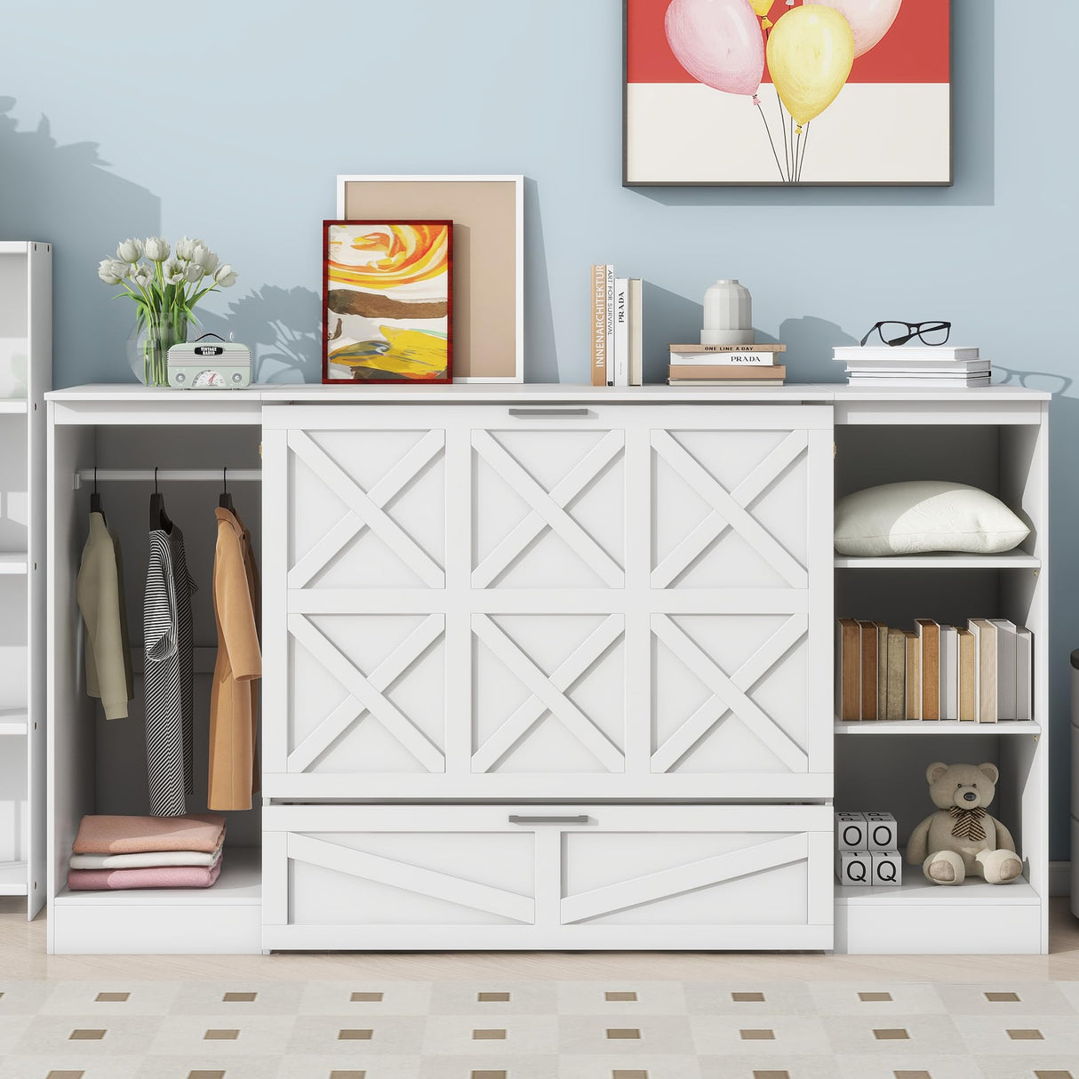 LUMISOL Twin Size Murphy Bed for Small Spaces, Cabinet Murphy Bed with Storage Shelves and Wardrobe, Foldable Platform Bed Hidden Bed Frame, White LUMISOL