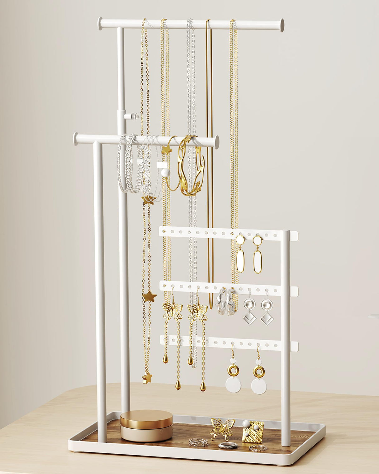 susswiff Jewelry Holder Organizer Stand - Adjustable Tall 17.5" (Max), Sturdy Jewelry Hanger for Necklaces, Earrings, Bracelets, Rings, Jewlery Display and Storage, White, Metal susswiff