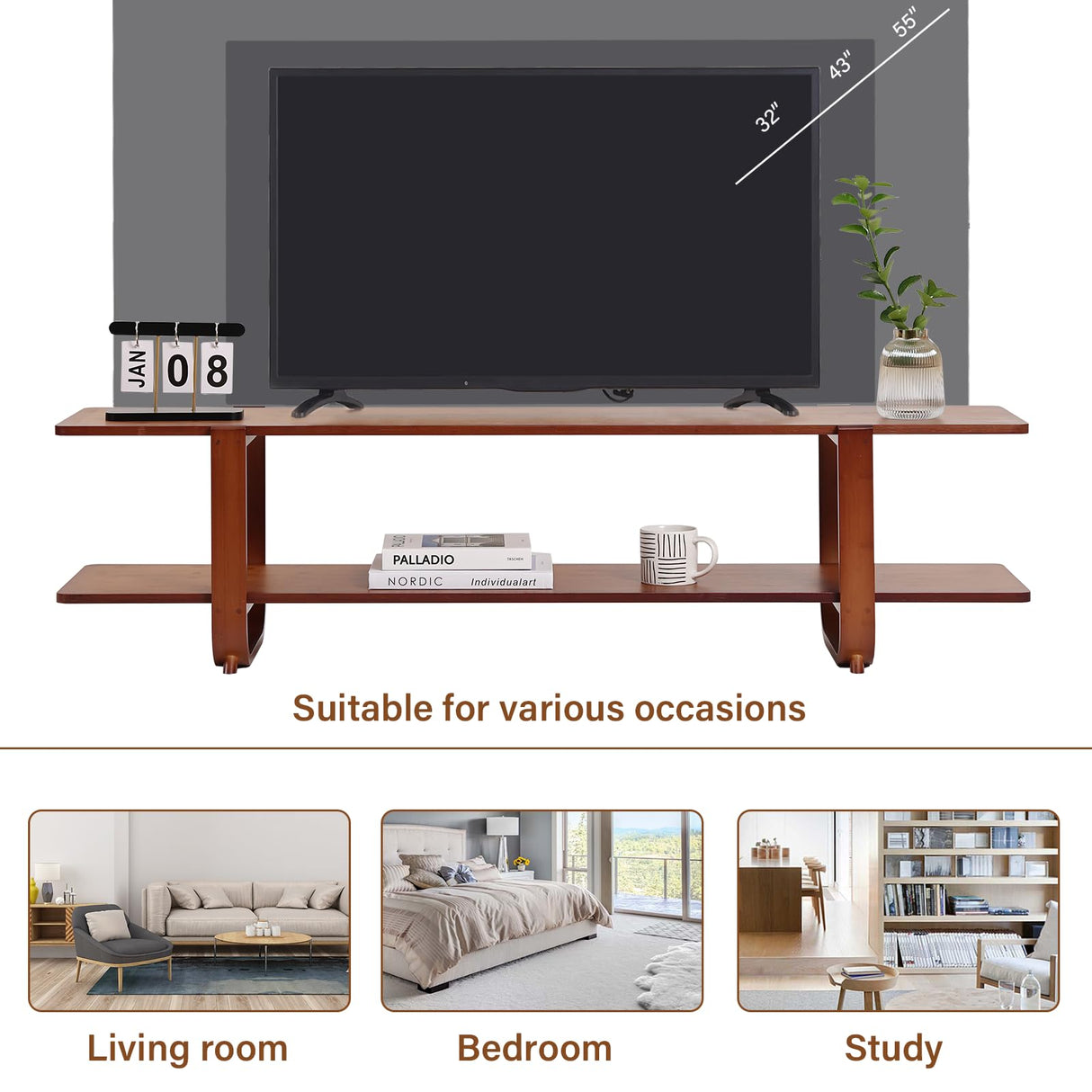 Tiita TV Stand with Storage for TVs up to 65'', Bamboo TV Console Entertainment Center with 2 Open Shelf, Mid Century Modern Media Console for Living Room, Bedroom, Walnut Tiita
