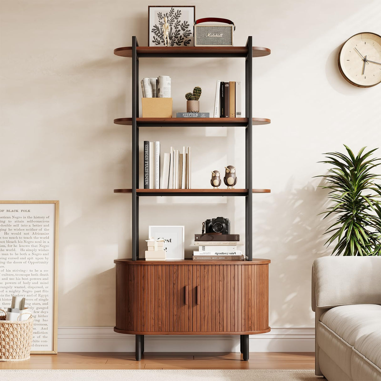 71" Tall Fluted Bookshelf with Sliding Tambour Doors, 4-Tier Mid Century Modern Metal Bookcase Cabinet w/Open Display Storage Shelf, Display Cabinet for Office, Living Room Walnut ComfyCorner