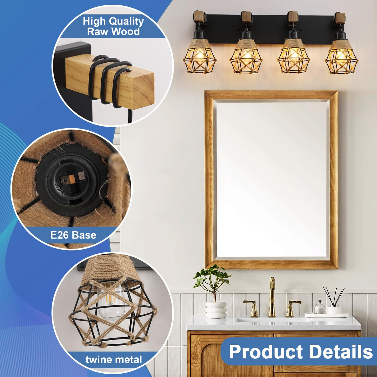 Rustic Style Wood Bathroom Wall Sconce,4 Light Bathroom Vanity Light Fixtures, with Boho Wicker Twine Lampshade,Suitable for Bedroom, Hallway, and Living Room,Rattan Black Farmhouse Wall Sconce LmnLvn