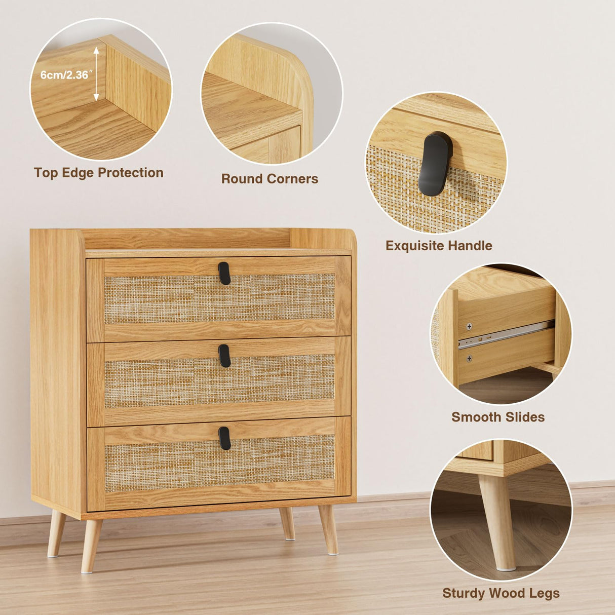 Knowlife 3 Drawer Rattan Dresser for Bedroom, Chest of Drawer, 3 Drawer Dresser, Modern Wood Dresser with Natural Rattan Drawer for Entryway, Living Room, Closet Knowlife