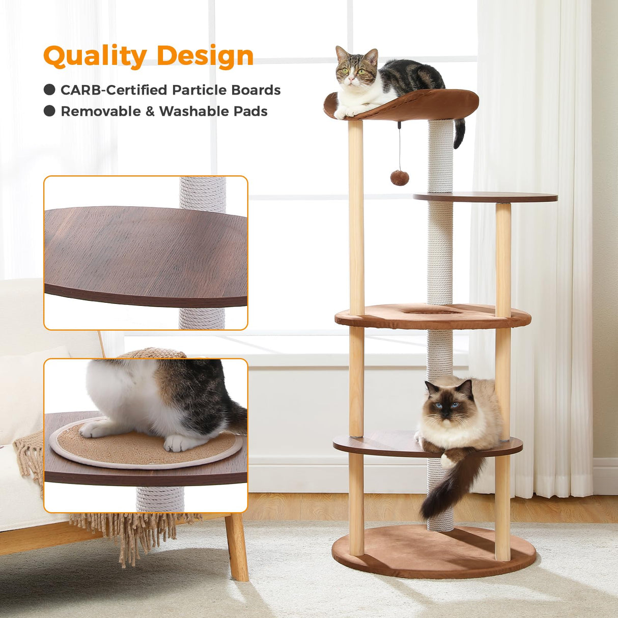 PETEPELA Wood Cat Tree Tower for Indoor Cats,5-Level Modern Cat Tree Cat Activity Center with Scratching Posts, Brown PETEPELA