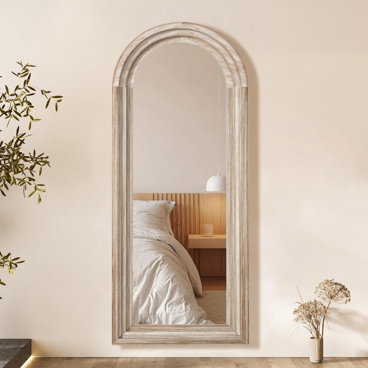 CASSILANDO Full Length Mirror Arched 65"x24" Wood Wall Full Length Distressed Large Floor Mirror for Living Room, Bedroom, Entrance.(Weathering White) CASSILANDO