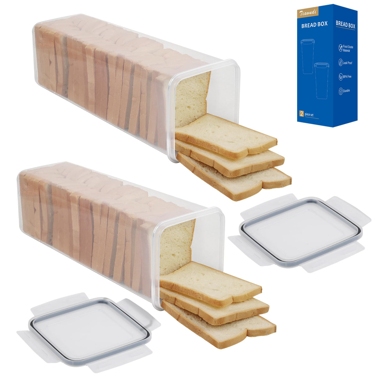 Tiawudi 2 Pack Bread Box, Plastic Bread Container, Bread Storage for Kitchen Counter, Bread Keeper with Airtight Lid, Tall Bread Saver, Sandwich Bread Holder, 5.6 Qt / 5.3L Each Tiawudi