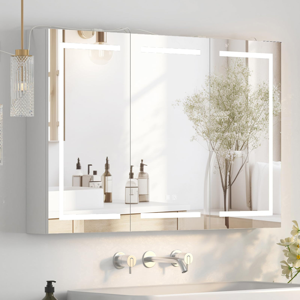 Large Medicine Cabinet, LED Lighted Medicine Cabinets with 3 Doors,Wall Mounted Bathroom Mirror with Storage,47inch,Defogger, Dimmable,Led Medicine Cabinet Mirror for Bathroom,47.2x 5.1x 30 In Mepplzian