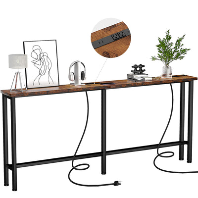 Keelian 70" Narrow Console Sofa Table - 2 Power Outlets & 2 USB Ports, Metal Frame, Rustic Brown, Perfect for Hallway, Office, and Behind Sofa - Easy Assembly, 4.9" Extension Cord Included