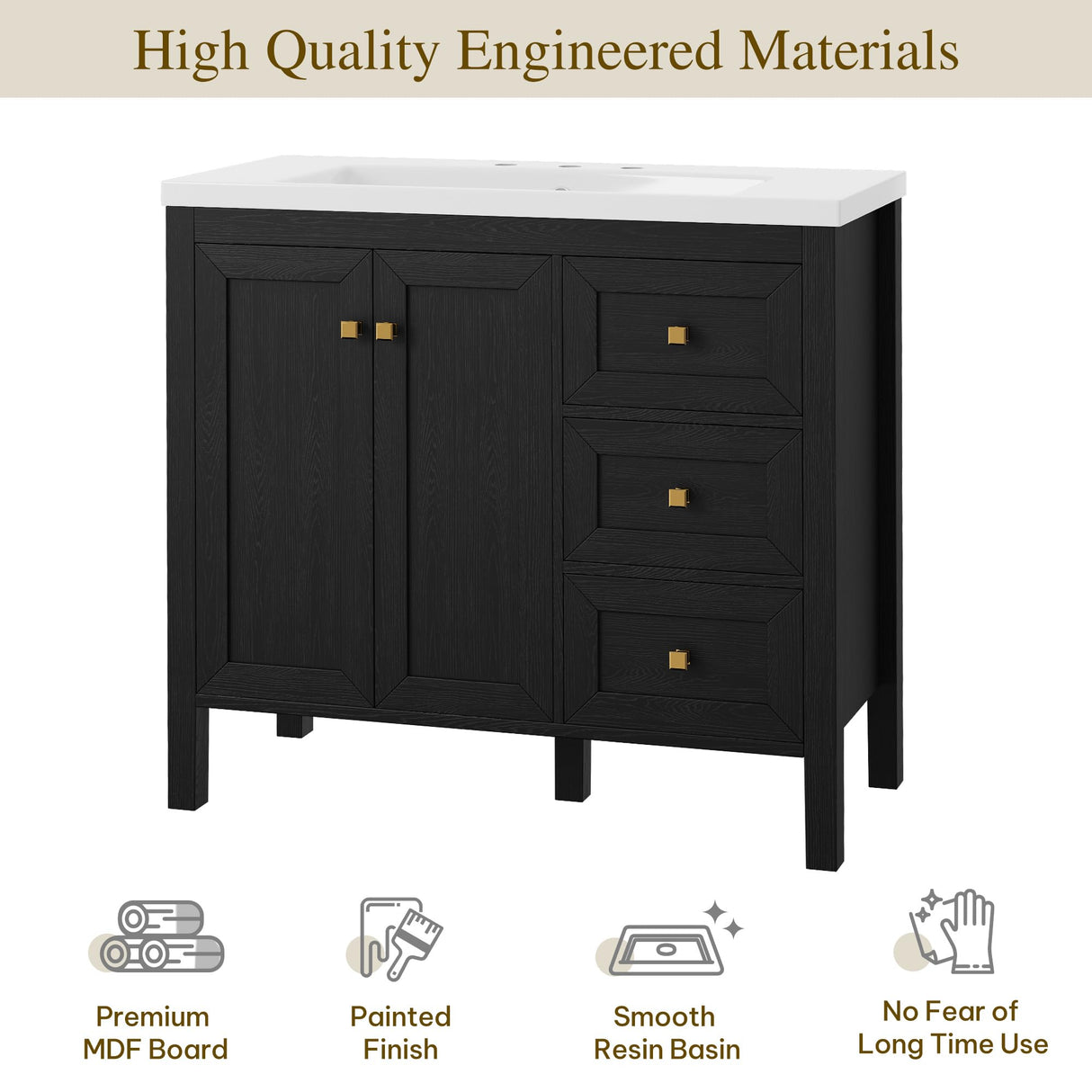 YITAHOME 36" Bathroom Vanity with Sink Set, Vintage Bathroom Cabinet Vanity with Resin Basin, Extra Large Storage with 2 Soft-Closing Doors & 3 Drawers, Black YITAHOME