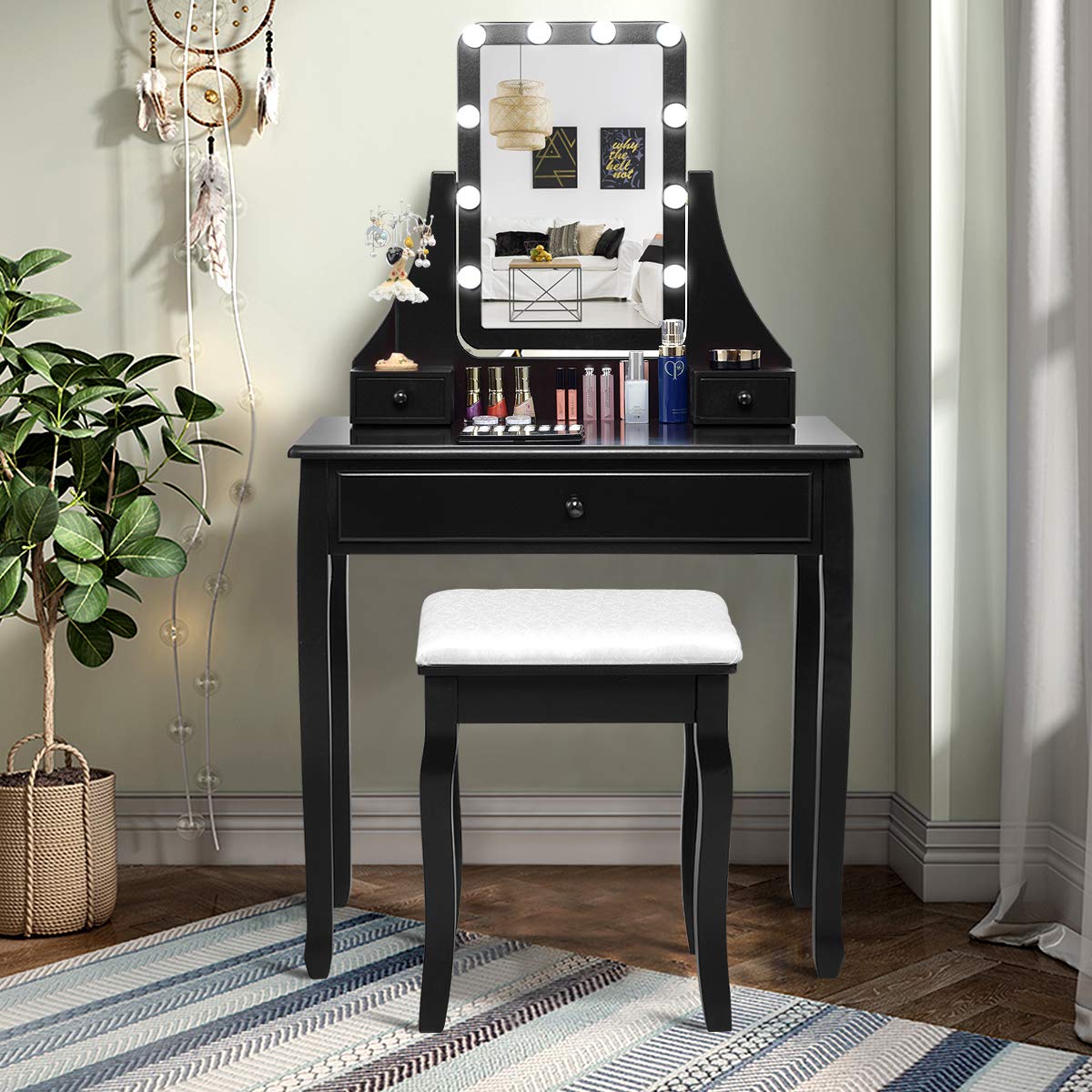 CHARMAID Vanity Set with Lighted Mirror, Makeup Table with 10 LED Dimmable Bulbs, 3 Lighting Sets, 3 Drawers, Bedroom Dressing Table Vanity Desk with Cushioned Stool for Women Girls (Black) CHARMAID