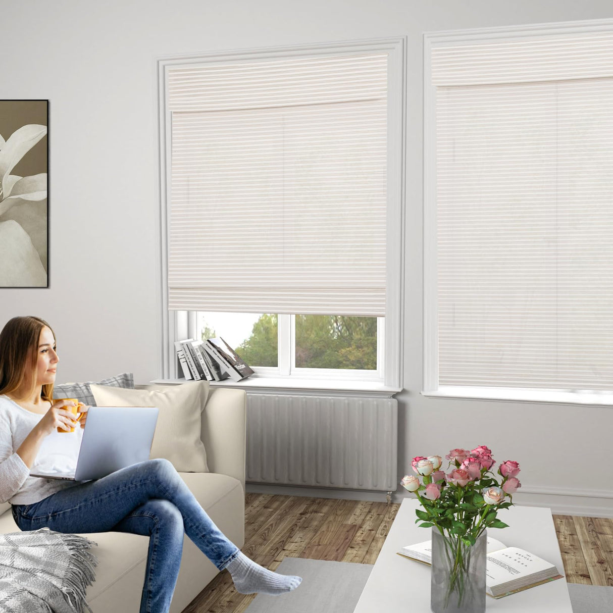 Comzone Blinds Cordless Blackout Bamboo Shades - Modern White Natural Woven Roman Blinds for Easy Installation and Room Darkening Comzone Blinds