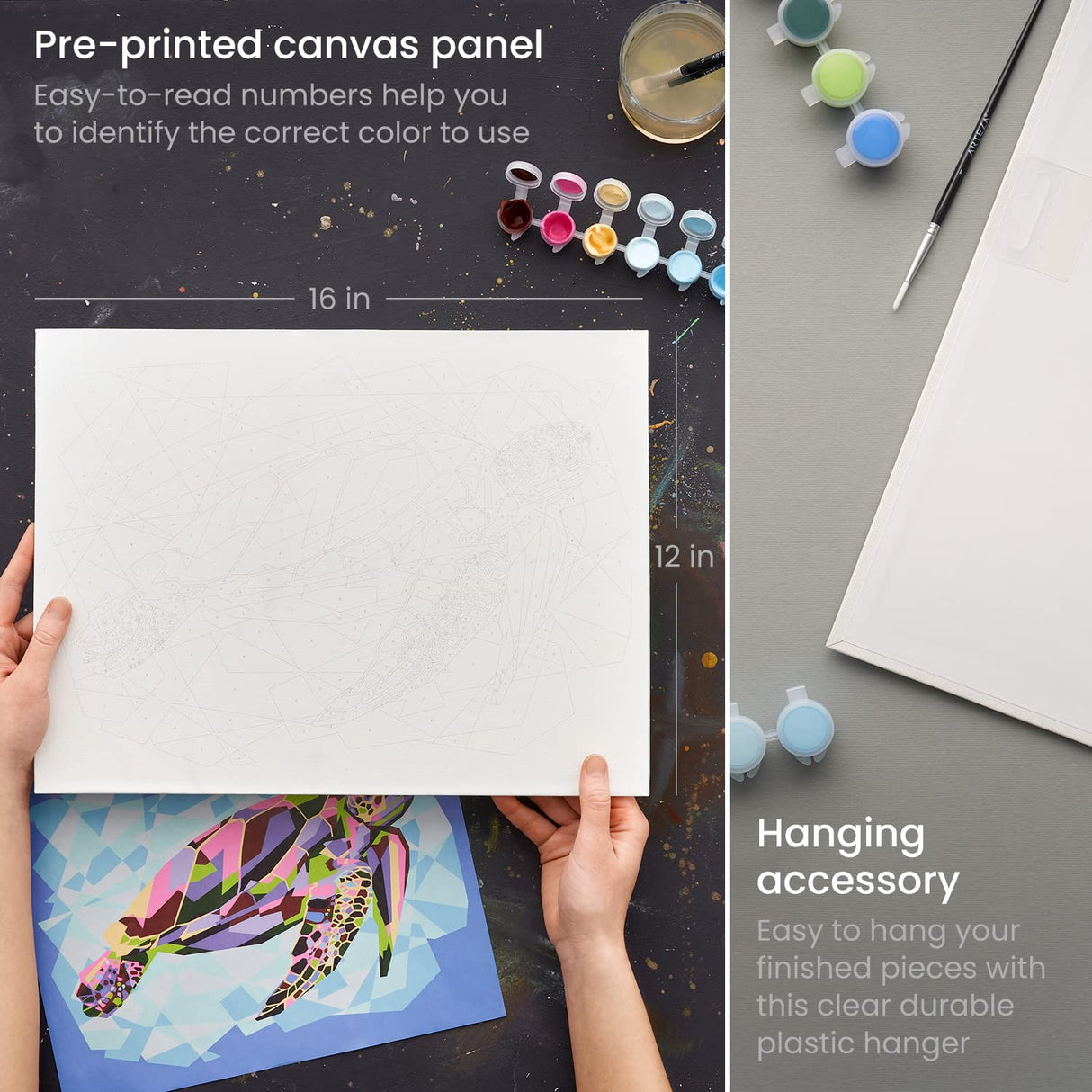 ARTEZA Paint by Number for Adults, 12x16 Inches, 21 Pieces, Turtle Paint by Numbers Kit, Comes with 1 Canvas Panel, 12 Acrylic Paint Pots, 5 Paintbrushes, Art Supplies for Home & Office Wall Decor ARTEZA