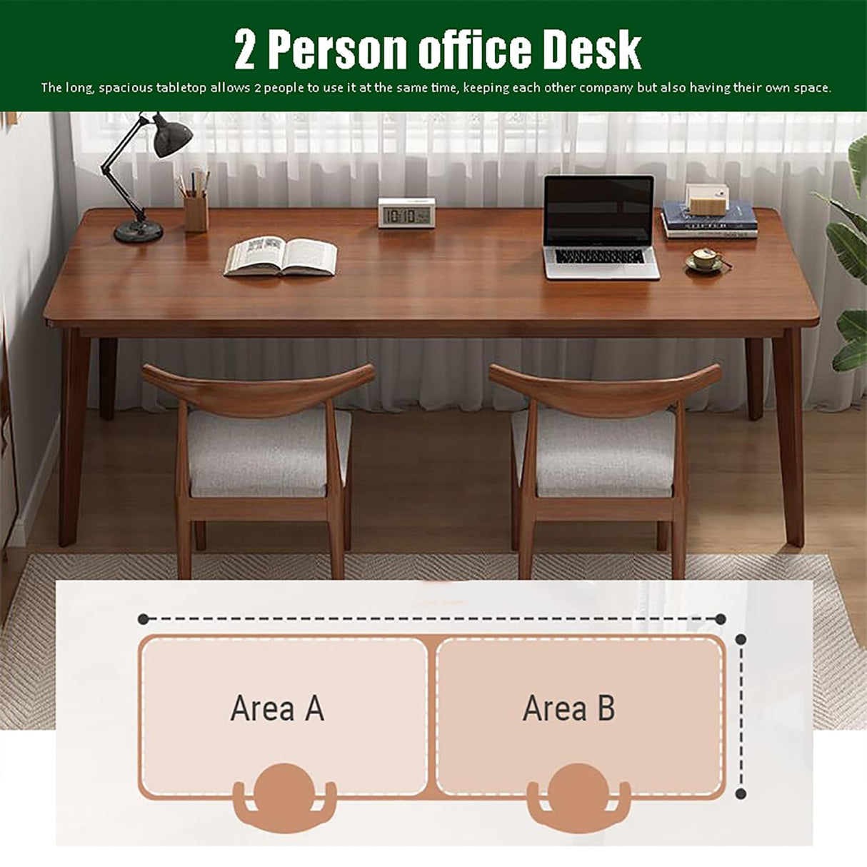 SUZEPER Mid-century Wood Long Desk Table,extra Large Two Person Office Desk,home Office Computer Desk,solid Wood Writing Desk Study Table,double Workstation Desk(140x50x75cm(55x20x30inch), Walnut) SUZEPER