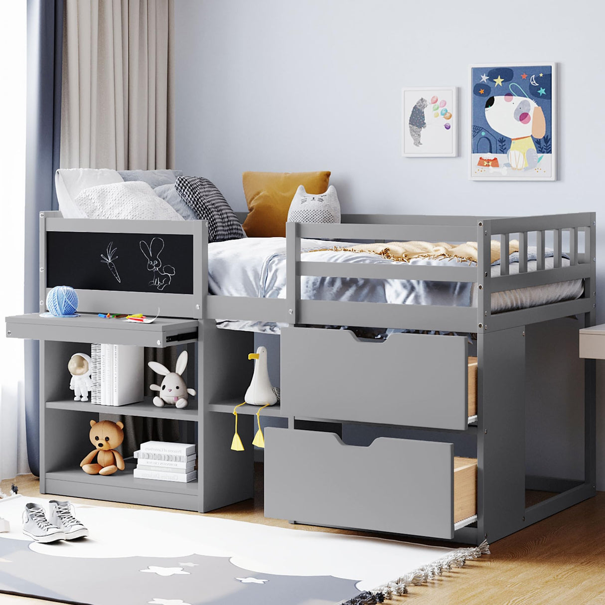Harper & Bright Designs Twin Size Low Loft Bed with Storage Shelves and Drawers, Wooden Twin Size Loft Bed with Rolling Desk and Chalkboard, for Kids Teens Girls Boys - Gray Harper & Bright Designs