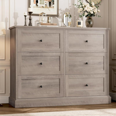 FOTOSOK 6 Drawer Dresser, Modern Dresser Double Dresser 6 Drawer Chest with Deep Drawers, Wide Storage Organizer Drawer Cabinet for Living Room Home, Ash Grey