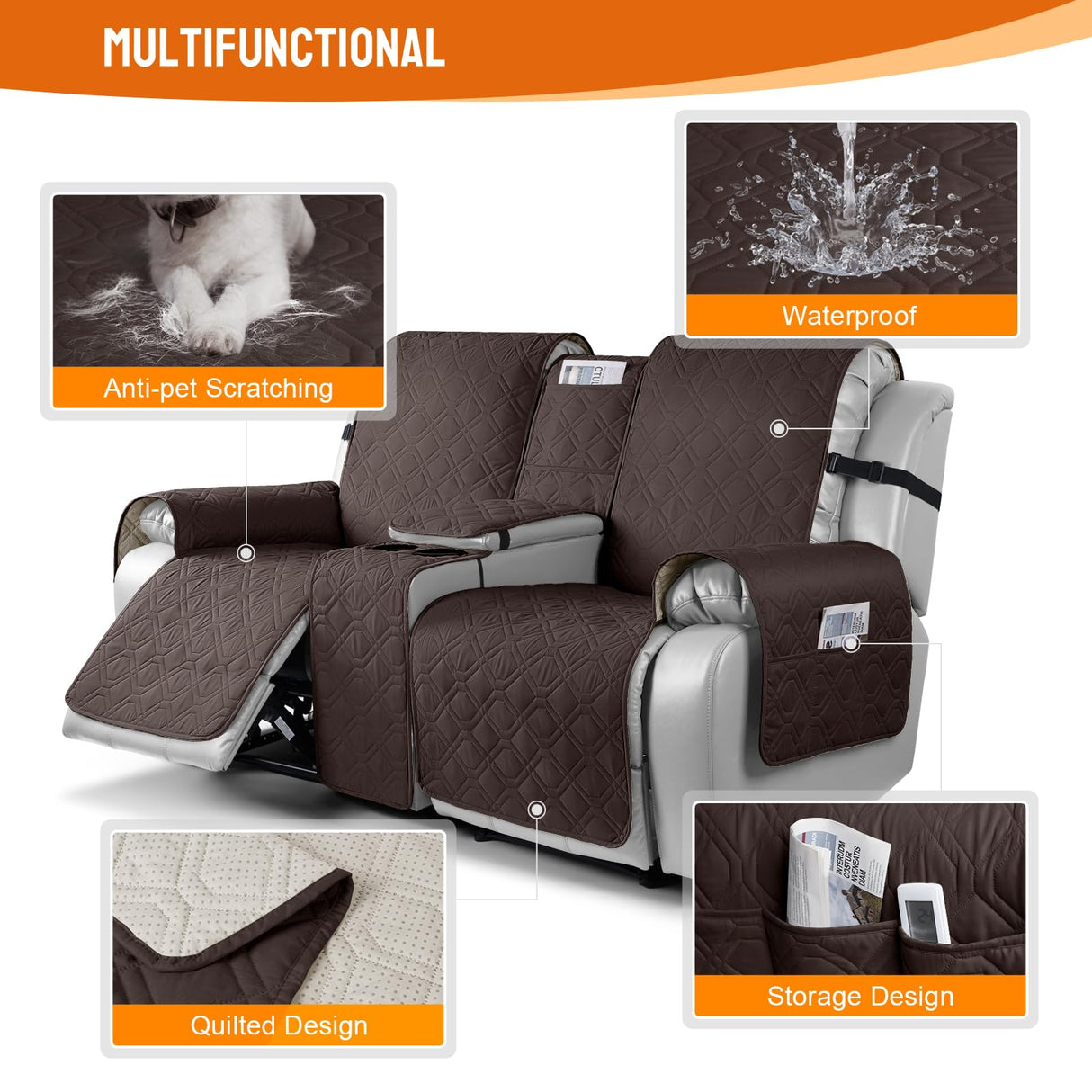 VANSOFY Loveseat Recliner Cover with Console 100% Waterproof Sofa Slipcovers Non-Slip Reclining Couch Covers Split Sofa Cover Furniture Protector for Pets, Dogs(Chocolate) VANSOFY