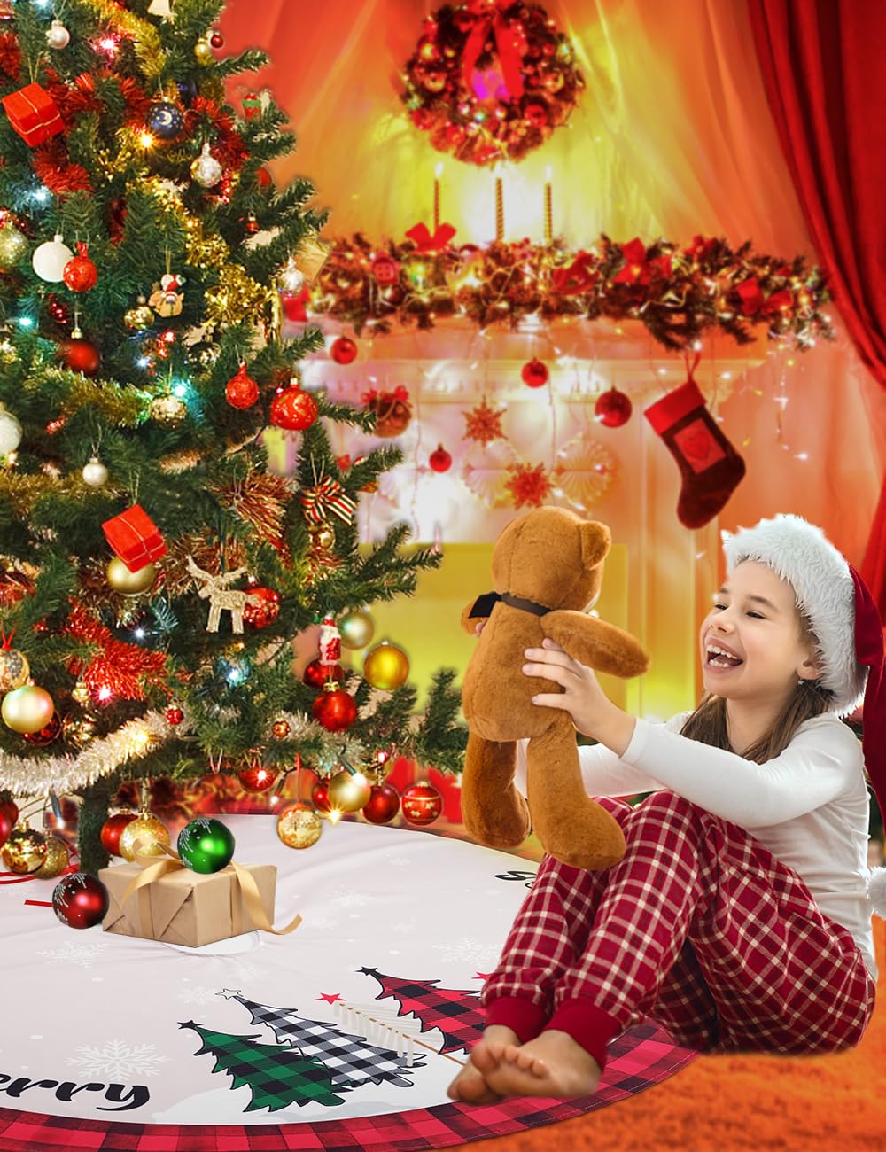 Multiwins Christmas Tree Skirt 48 Inch Red Rustic Xmas Tree Skirt with Snowflake, Black Red Buffalo Plaid Christmas Tree Skirt Ornaments for Merry Christmas Holiday Party Decorations Indoor Outdoor multiwins