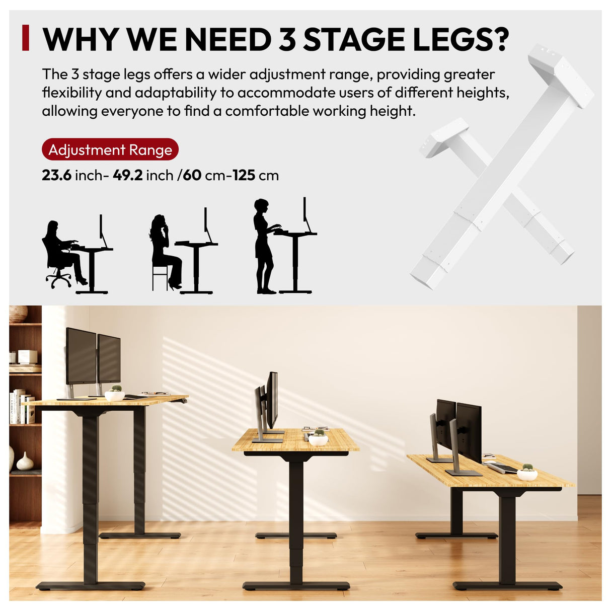 48 Inch Bamboo Electric Standing Desk, 3 Stage Dual Motor Height Adjustable Desk, Stable and Durable Sit to Stand Home Office Desk (Black Frame/ 48” x 24” Natural Bamboo Top) SANODESK