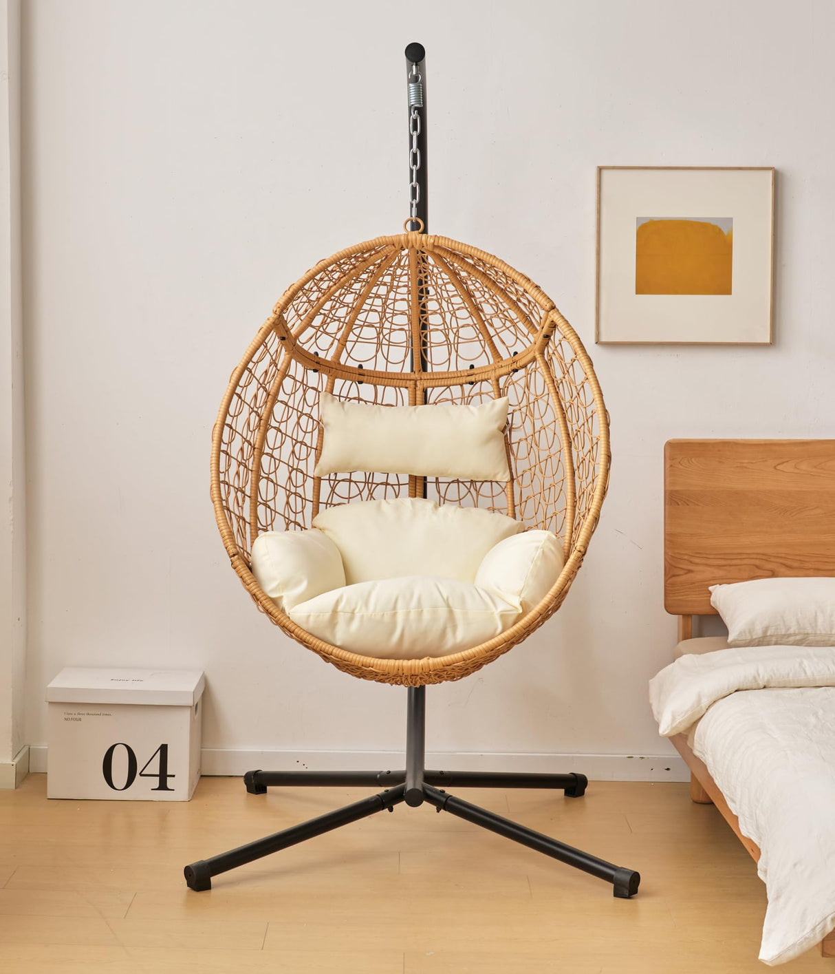 Indoor/Outdoor Hanging Chair/Hammock Chair with Stand, Hanging Swing Egg Chair with Removable & Washable Grey Cushions for Bedroom Living-Room Balcony or Patio Topfuca