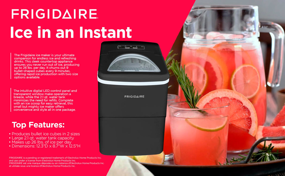 Frigidaire, 26 Lbs Portable Compact Icemaker, Ice Making Machine, Black, White, Medium Frigidaire