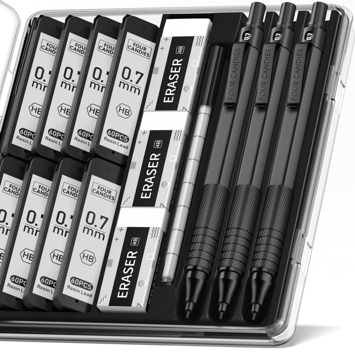 Four Candies Mechanical Graphite Pencil Set, 3pcs Black Metal Pencils with Anti-Skid Grip, Ideal for Artists, Professionals, Teachers and Students Four Candies
