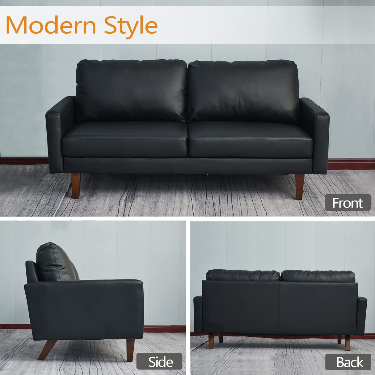 INSTORY Leather Sofa Modern Couch with Wooden Legs for Living Room, Office - Black INSTORY
