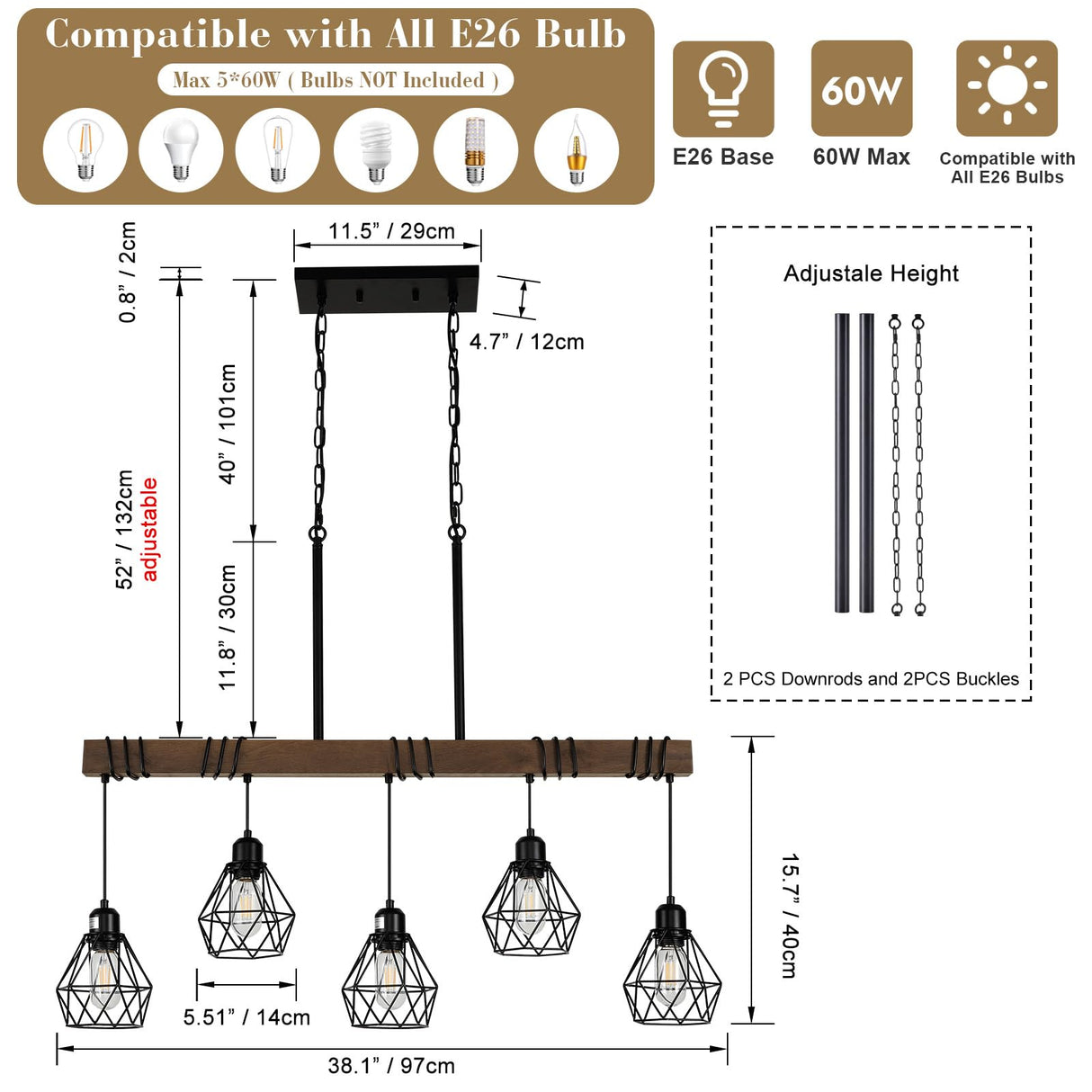 5-Light Kitchen Chandeliers Over Table, Farmhouse Black Dining Room Light Fixture, Linear Rustic Wood Ceiling Pendant Island Light Fixtures with Metal Lampshade, Height Adjustable CmnVmn